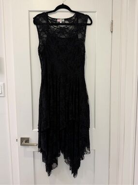 Black Lace Midi Dress with Handkerchief Hem